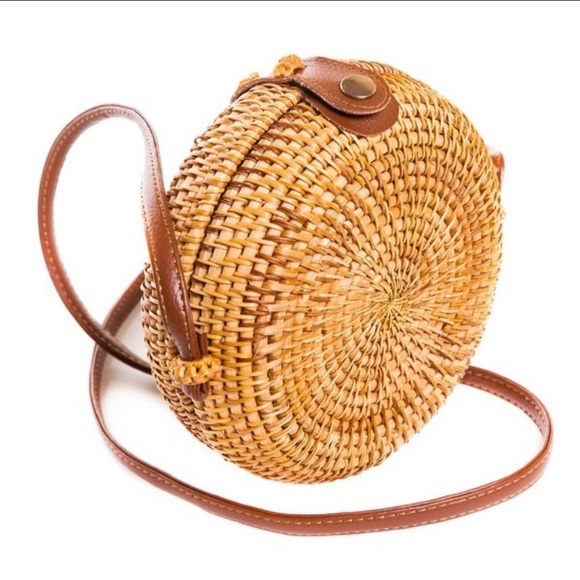 Handmade Woven Rattan Crossbody Bag Circular Tan - Picture 6 of 10